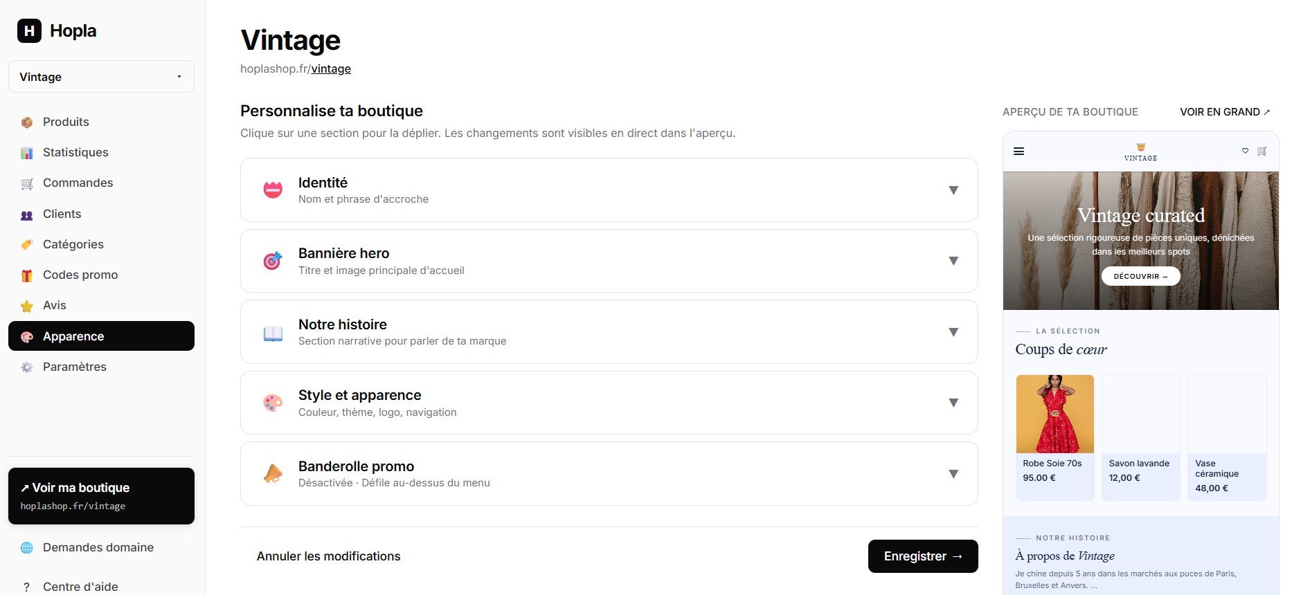 Dashboard Hopla : personnalisation de la boutique avec aperçu en direct